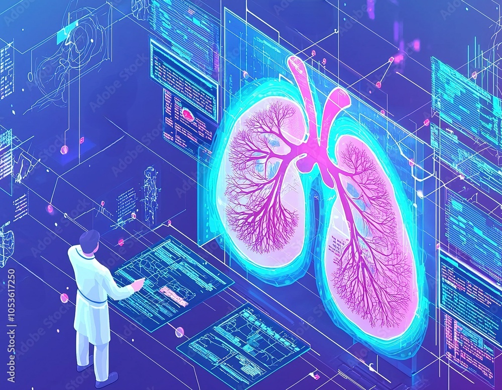 Poster digital representation of human lungs with medical data analysis in a high-tech environment during a