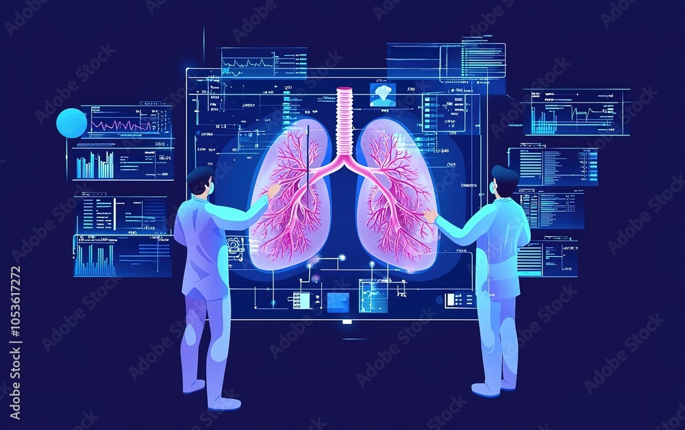 Poster medical professionals analyze lung data on a digital display in a modern healthcare setting demonstr