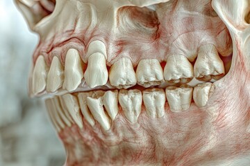 Obraz premium Close-up image of a human skull showing its teeth and bone structure