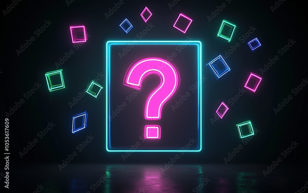 Poster neon question mark illuminated against a dark background with colorful geometric shapes surrounding 