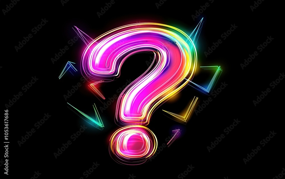 Poster vibrant neon question mark illuminated against dark background with colorful light effects creating 