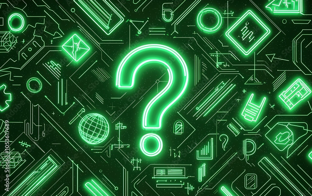 Poster exploring digital innovation through neon question mark amidst interconnected technology symbols on 