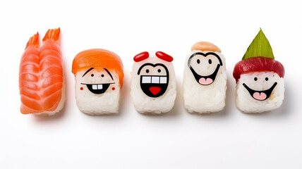 Obraz premium Mouth-watering funny rolls with salmon, rice, avocado, seafood for children, funny the smile on the character's face