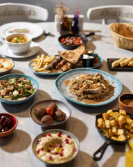 Lebanese Mezze Spread with Traditional Dishes and Fresh Drinks

