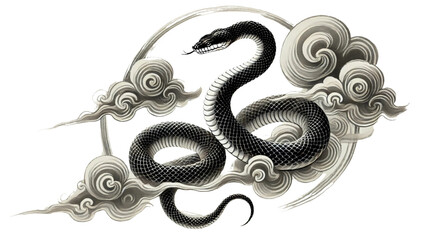 雲間を進む黒蛇の墨絵 / Black Snake Moving Through Clouds in Ink Art generative AI