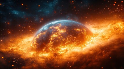 Obraz premium Flaming Earth Cosmic Inferno in Space