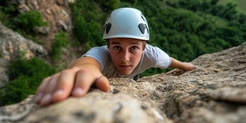A young Caucasian man in a helmet looks intensely at the camera while rock climbing.