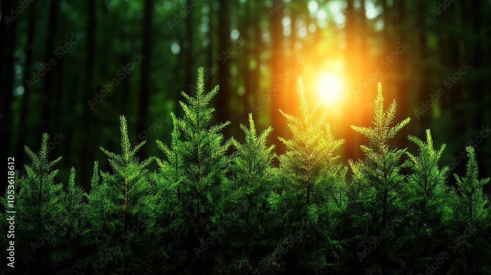 Poster sunlight filters through a forest, illuminating green foliage, creating a serene and tranquil atmosp