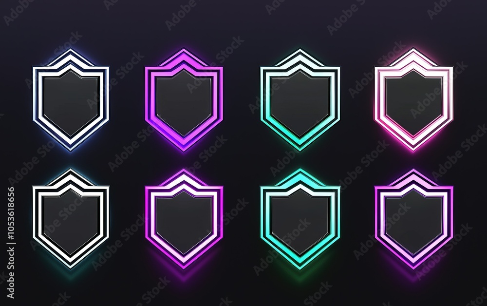 Poster stylized neon badge designs in various colors arranged in a grid on a dark background
