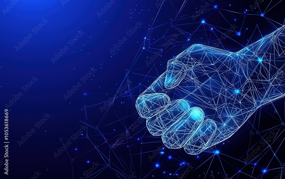 Poster a digital hand composed of glowing lines and dots extends into a starry blue space, symbolizing tech