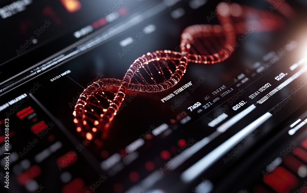 Poster a close-up of a digital interface displaying a red dna helix, emphasizing biotechnology and genetic 
