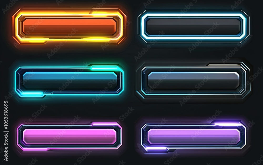 Poster colorful glowing buttons in various shapes and colors on a dark background for user interface design