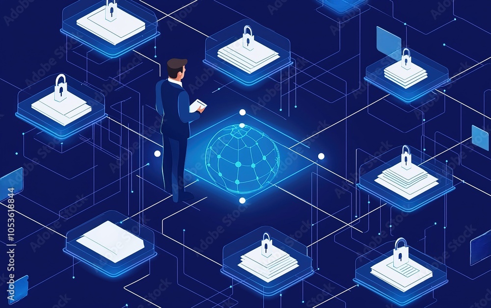 Poster digital security expert analyzing blockchain technology in a modern interconnected network environme