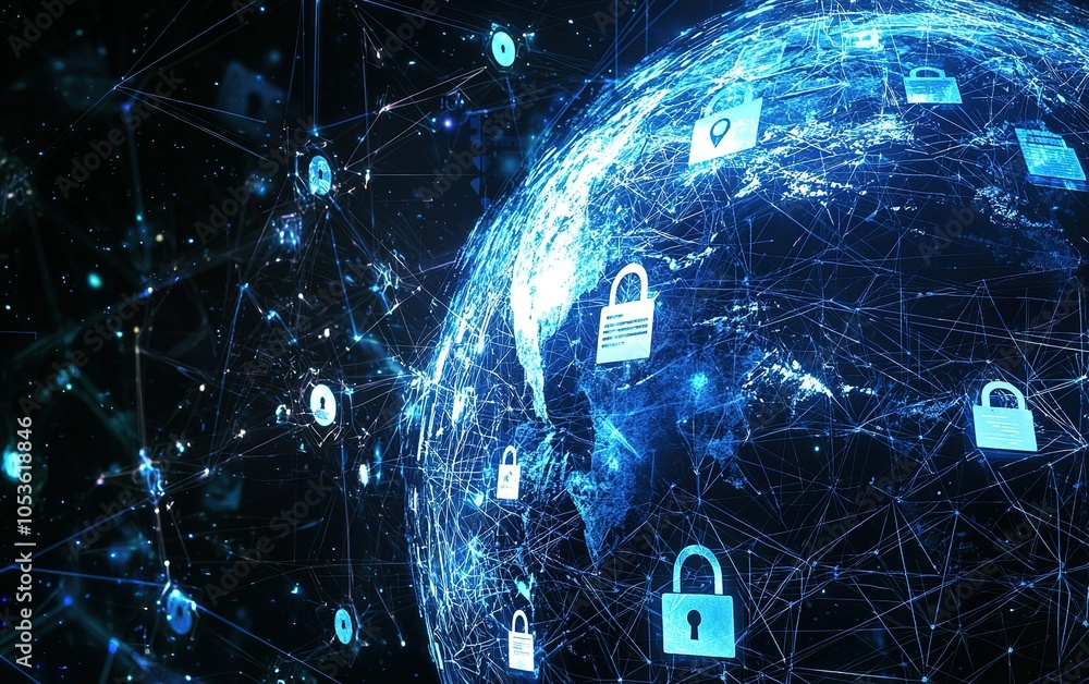Poster global digital landscape with interconnected data and security symbols showcasing cybersecurity emph