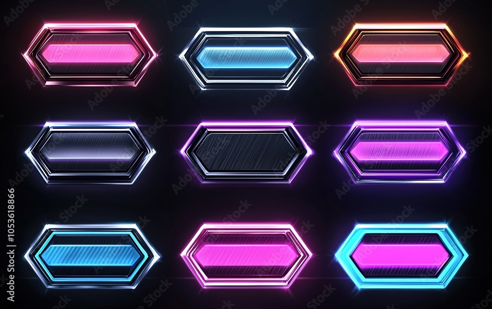 Poster colorful neon hexagonal buttons arranged in a grid with glowing edges on a dark background, ideal fo