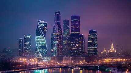Obraz premium A panoramic night view of the Moscow skyline.