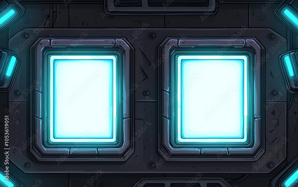Poster illuminated control panel with two glowing frames in a futuristic setting