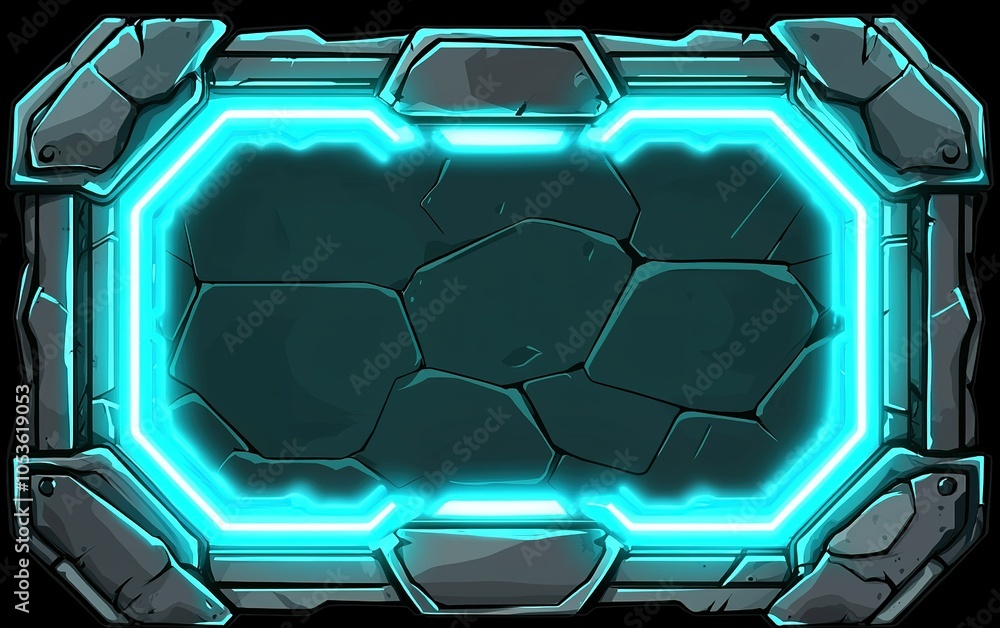 Poster futuristic rectangular frame with glowing neon edges and rocky texture on a dark background for digi
