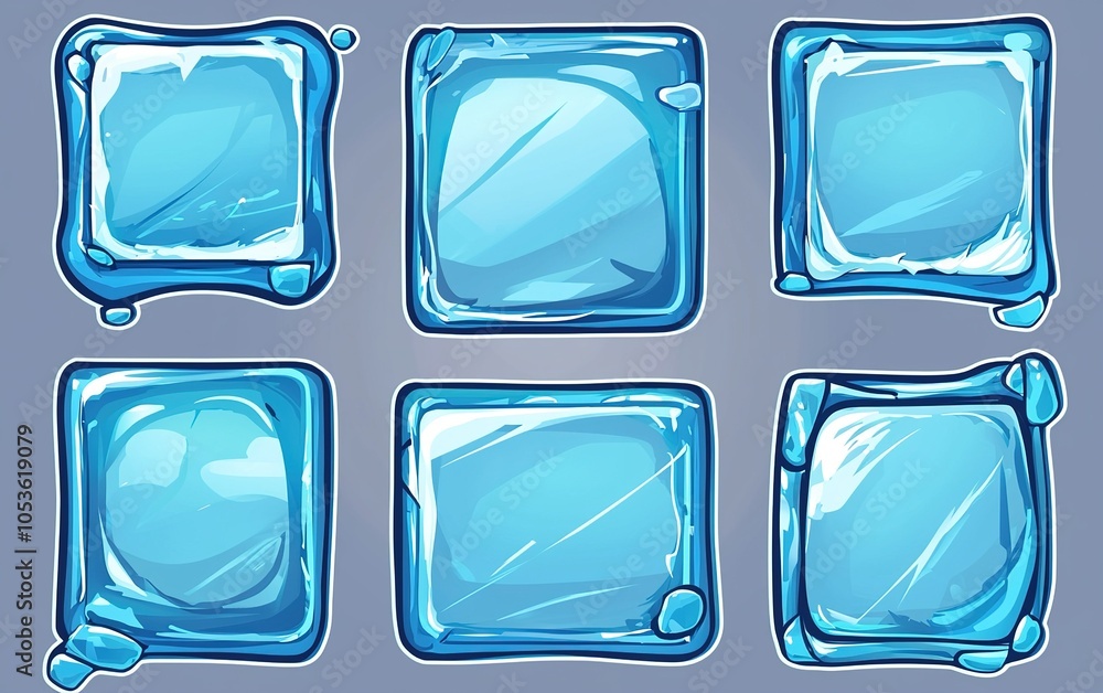 Poster colorful ice cubes in various shapes and sizes arranged on a gray background, displaying a refreshin