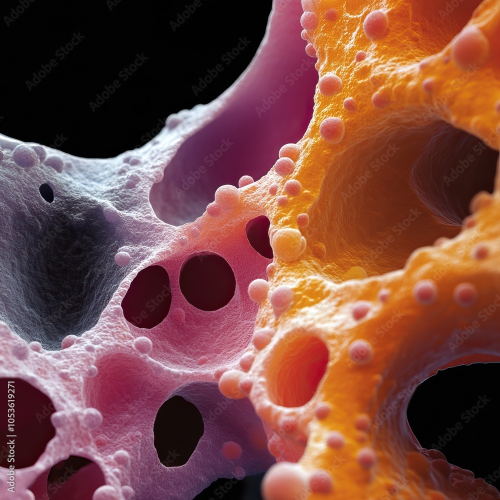 Aufkleber a colorful, abstract close-up of porous structures resembling sponge-like forms with various holes a
