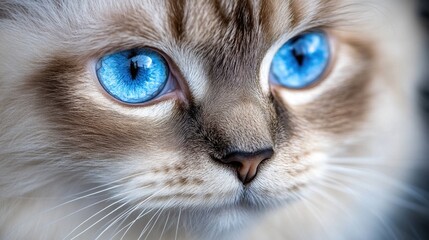 A close-up photo of a domestic cat with bright blue eyes, looking directly at the camera