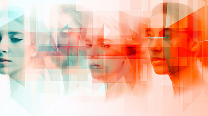 Obraz premium Close-up of faces in profile, watercolor geometric abstraction in red and blue colors on a white background