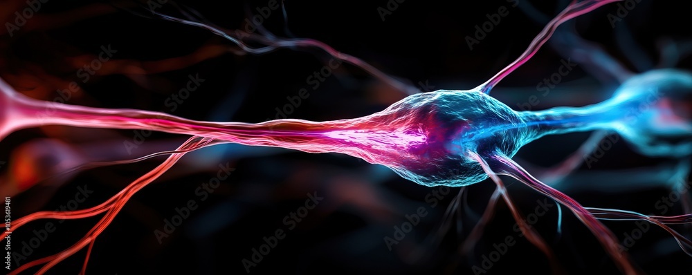 Poster a vividly colored depiction of a neuron, showcasing its intricate structure and connections in a dar