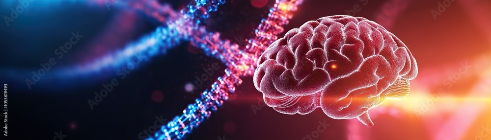 Poster a digital representation of a brain intertwined with dna strands, symbolizing the connection between