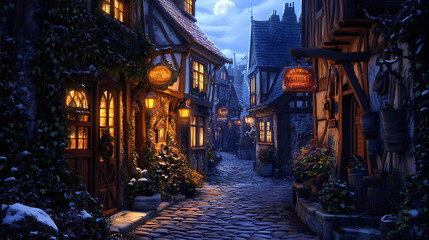 Fototapeta premium A medieval alleyway at dusk, lined with quaint, timber-framed buildings and cobblestone streets. Ivy creeps up walls, lanterns glow against moonlit shadows, signs hang above small shop entrances.