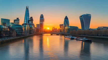 Obraz premium A panoramic view of the London skyline at sunset, with the Shard in the center.