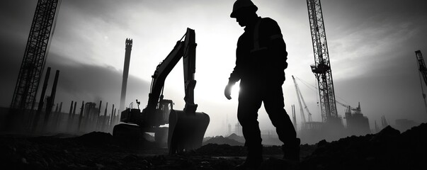 A silhouetted worker stands amidst heavy machinery in an industrial site, highlighting the themes of labor and construction.