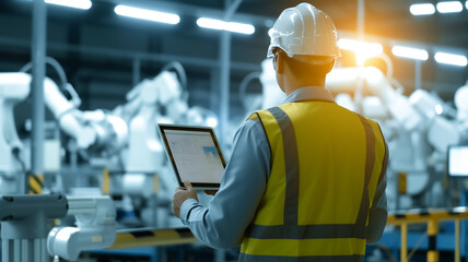 Fototapeta premium A person in a vest and helmet holds a tablet in his hands against the background of technical installations