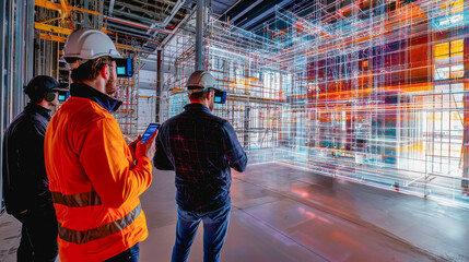 Professional construction team using augmented reality to visualize a 3d hologram of building process - Futuristic technology and industry concept - Models by AI generative