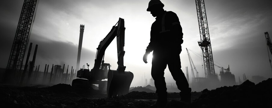 A silhouetted worker stands amidst heavy machinery in an industrial site, highlighting the themes of labor and construction.
