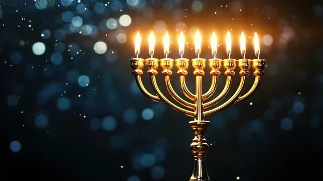 Hanukkah celebration with lit menorah against blue bokeh background