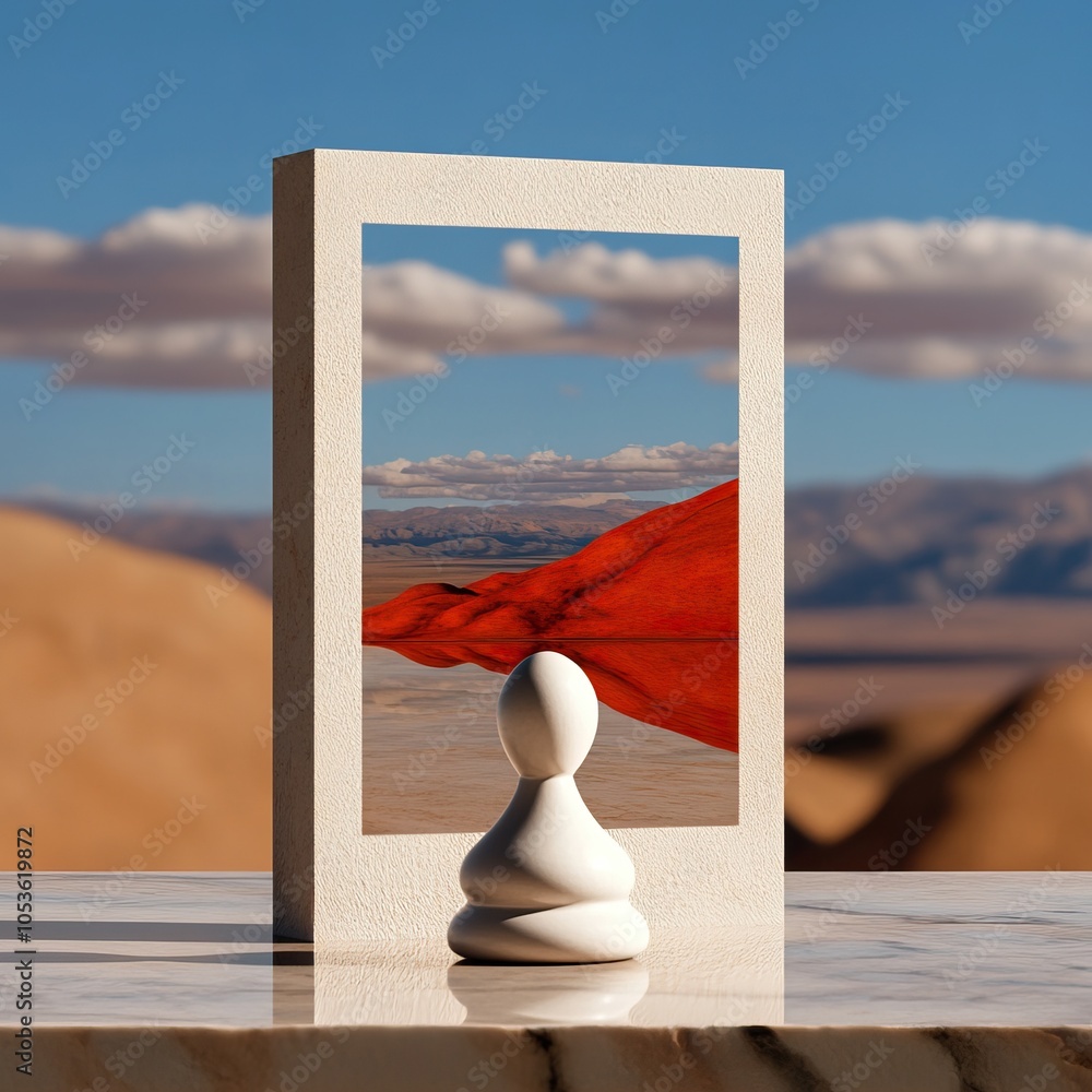Poster a minimalist scene featuring a pawn piece in front of a framed landscape with a flowing red fabric, 