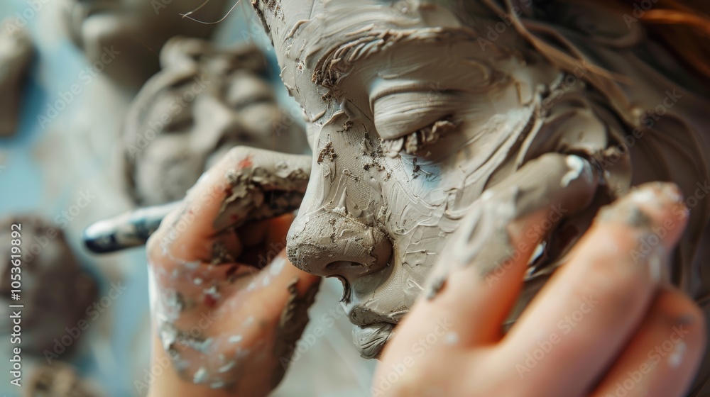 Poster a students hand meticulously adding small details to a clay sculpture using a sculpting tool seen in