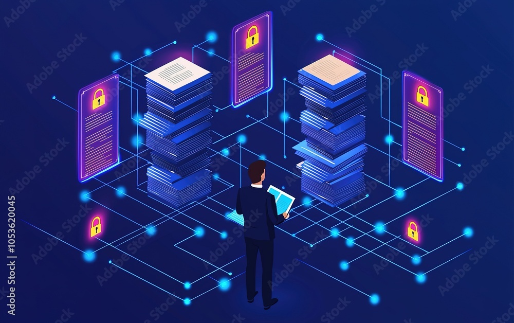 Poster data security visualization with a professional analyzing encrypted information in a digital network