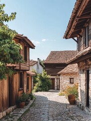 Fototapeta premium A quaint cobblestone street lined with traditional wooden houses and greenery.