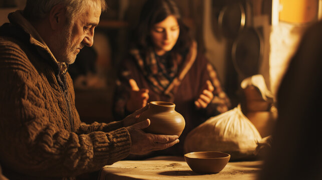 The potter conducts a master class for students.