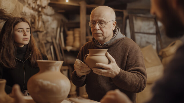 The potter conducts a master class for students.
