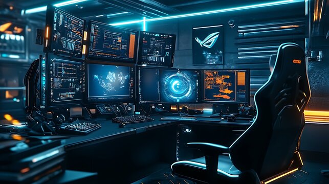 A futuristic gaming setup featuring multiple screens, RGB lights highlighting the gaming chair, and premium gaming gear neatly organized on the desk - Powered by Adobe