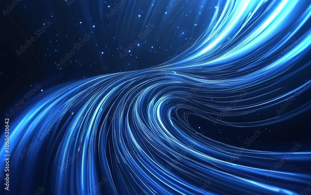 Poster flowing blue light patterns in a dark cosmic background create a sense of motion and depth
