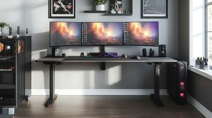 A pro-level e-sports setup with a triple monitor arrangement, RGB lights reflecting off the sleek desk surface, and high-end gaming accessories within reach