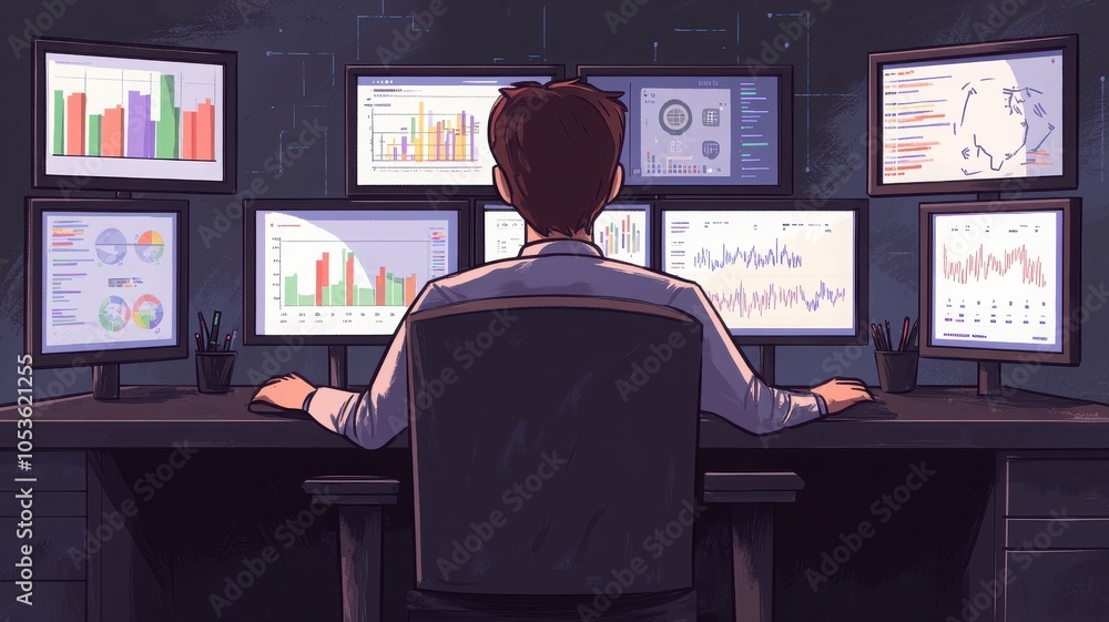 Poster a professional analyzing data on multiple screens, showcasing modern analytics in a corporate enviro