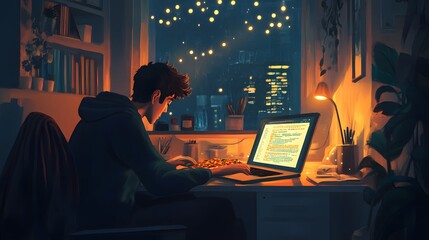 young programmer having pizza snack wile working late night at his home. 