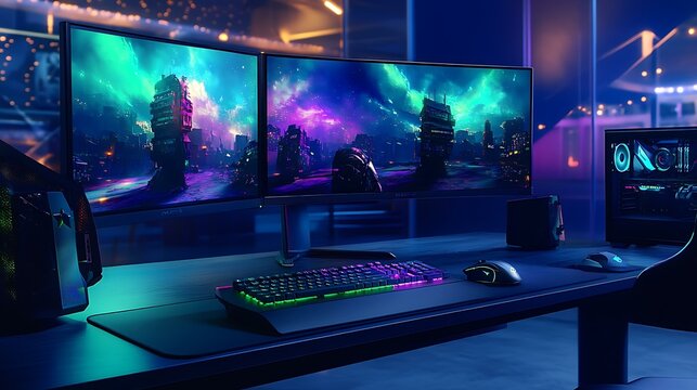 An advanced e-sports setup with a multi-monitor display, customizable RGB lighting casting a colorful glow, and state-of-the-art gaming peripherals