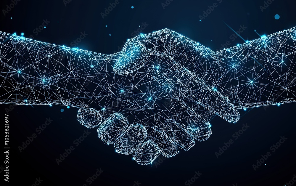 Poster digital handshake symbolizing partnership and collaboration in technology and blockchain innovation 