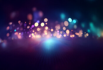 A dark background with a variety of blurred colored lights with a bright light coming from the bottom.