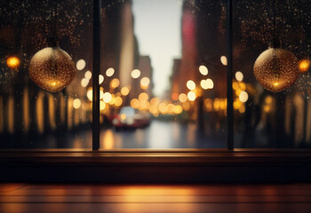A blurry view of a city street at night seen through a window with two hanging round ornaments.